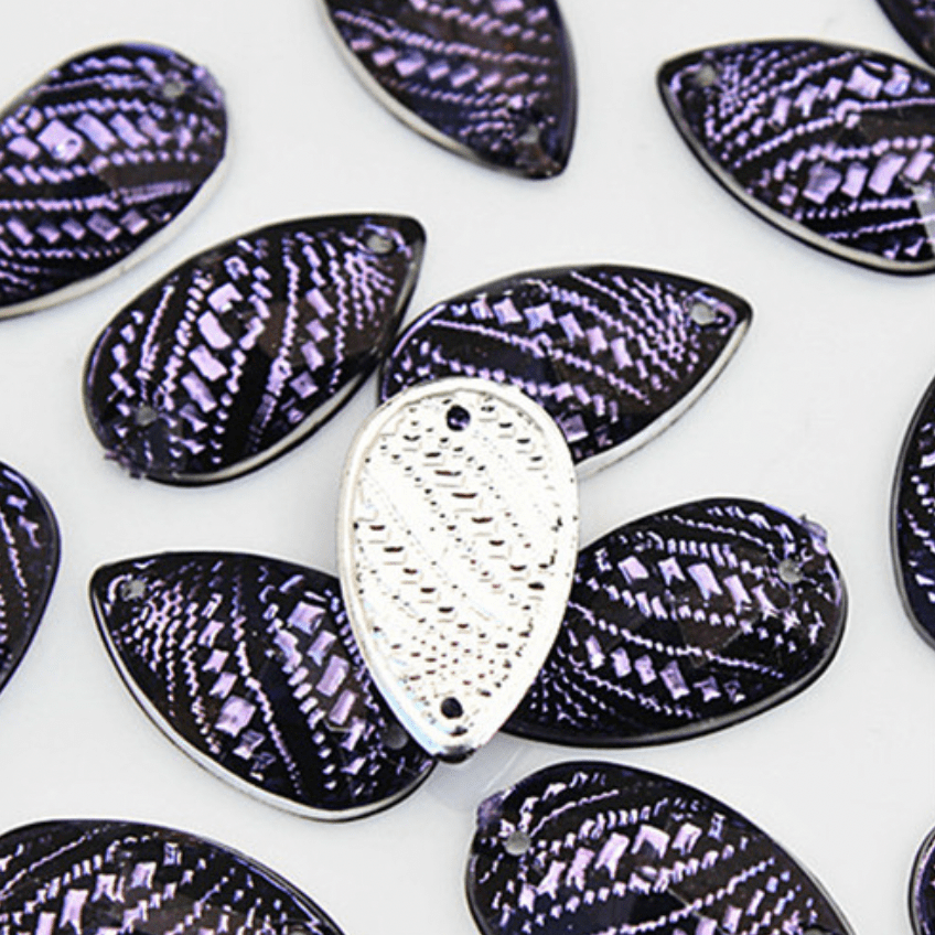 Sundaylace Creations & Bling Resin Gems Black & Purple 11*18mm Metallic Metal Textured Pattern Teardrop, Sew on, Resin Gem (Sold in Pair)