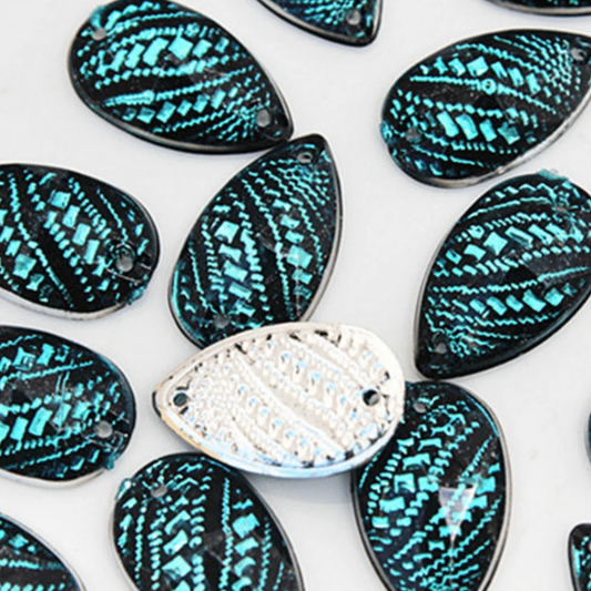 11*18mm, Black & Capri Blue, Metallic Metal Textured Pattern Teardrop, Sew on, Resin Gem, (Sold in Pair)