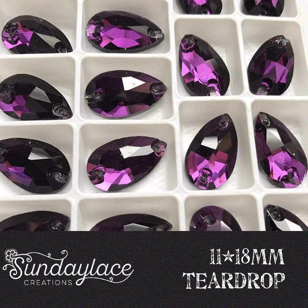 Sundaylace Creations & Bling Glass Gems 11*18mmm & 13*22mm Purple Velvet Teardrop, Sew on, Glass Gem