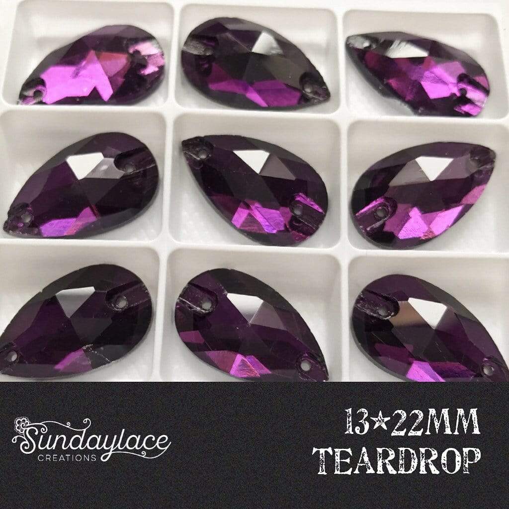 Sundaylace Creations & Bling Glass Gems 13*22mm Teardrop 11*18mmm & 13*22mm Purple Velvet Teardrop, Sew on, Glass Gem