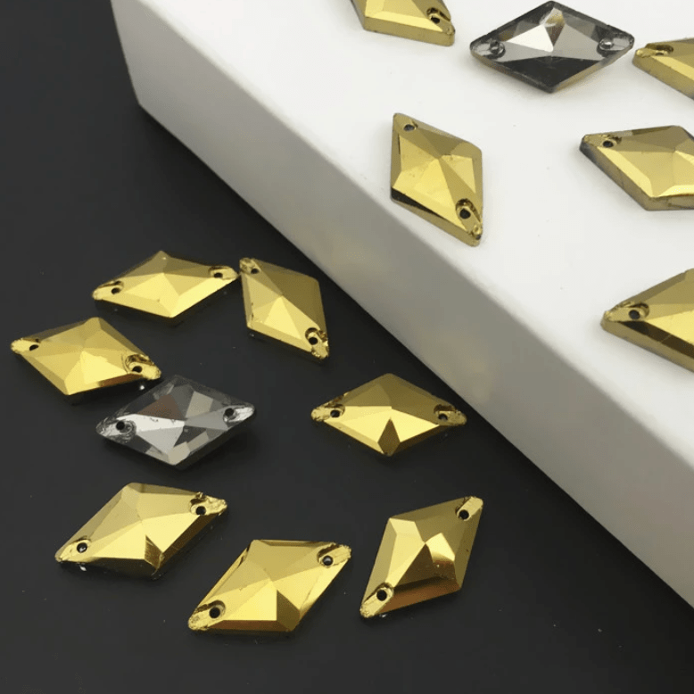 Glass Gems Glass Gems 11*19mm Gold Hematite Rhombus Diamond Shaped, Sew on, Glass Gem
