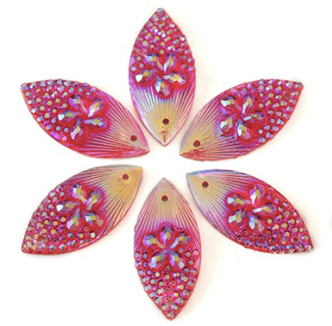 Sundaylace Creations & Bling Resin Gems Red/Pink AB 11*24mm Flower Print AB Navette, Sew on, Resin Gem
