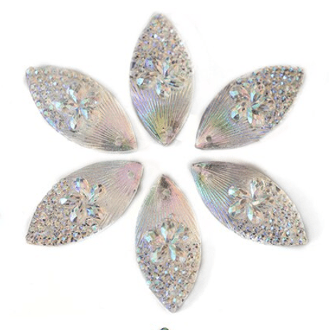 Sundaylace Creations & Bling Resin Gems White AB 11*24mm Flower Print AB Navette, Sew on, Resin Gem