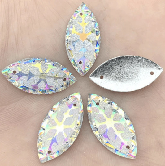 11*24mm, White Clear AB, Snowflake AB, Navette, Sew on, Resin Gem, (Sold in Pair)