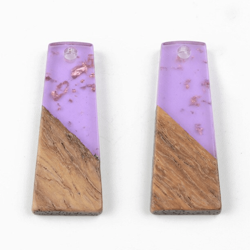 Sundaylace Creations & Bling Resin Gems 11*30mm Light Purple and Rose Gold Foil Flakes with Wood Trapezoid, One Hole, Acrylic Resin Gem