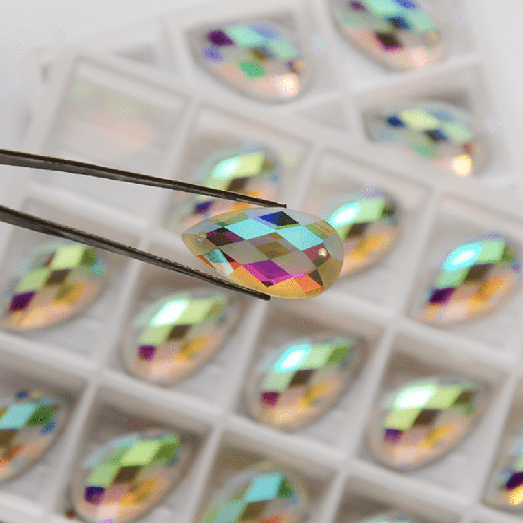 Sundaylace Creations & Bling Fancy Glass Gems 12*22mm Frosted matte diamond AB pattern, on teardrop, sew on, Fancy Glass Gem