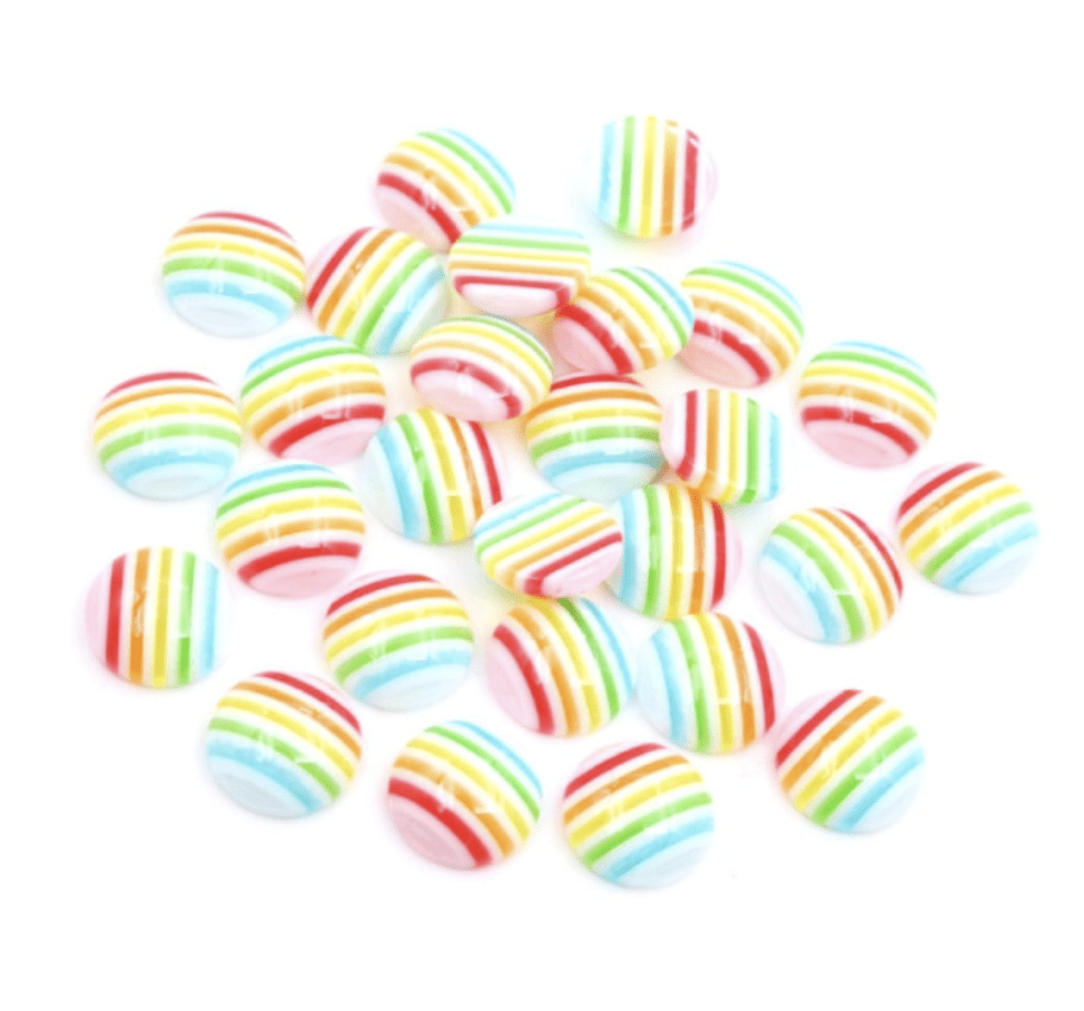 Sundaylace Creations & Bling Resin Gems 12mm White Rainbow Stripes 12mm Opaque or Transparent Rainbow Stripes Round, Glue on, Resin Gems