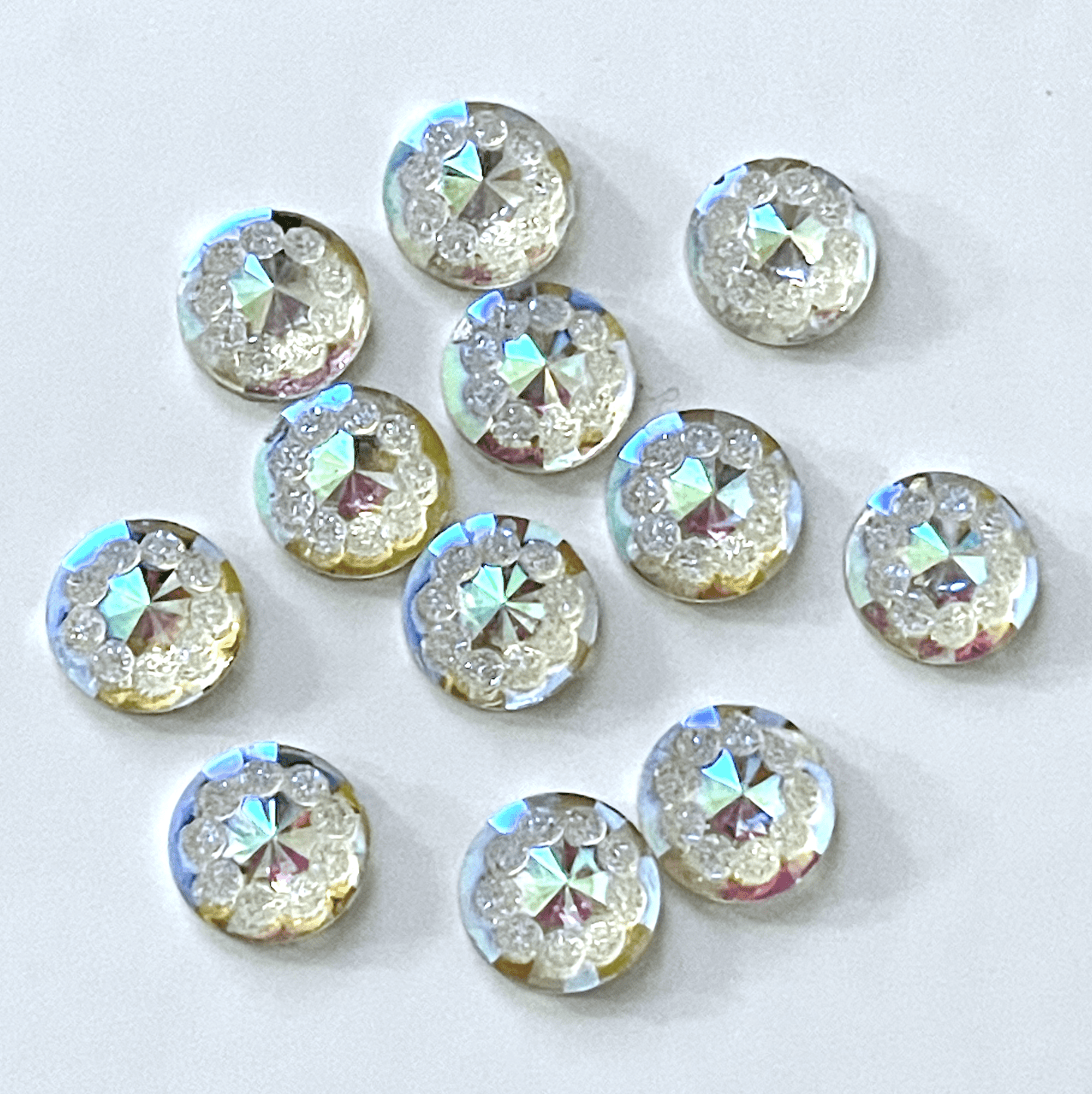 Sundaylace Creations & Bling Resin Gems 12mm AB Blossom Design Rivoli, Glue on, Resin Gems