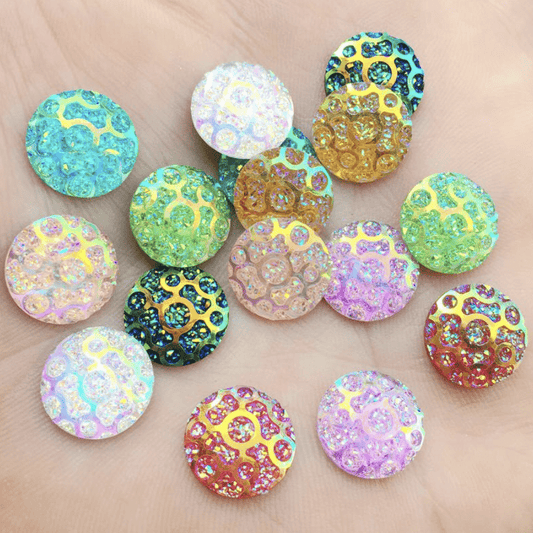 Sundaylace Creations & Bling Resin Gems 12mm AB mix Round Droplet Texture, Glue on, Resin Gems
