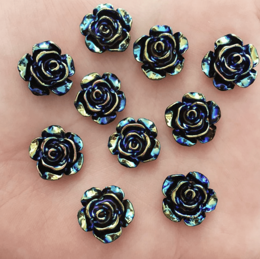 Sundaylace Creations & Bling Resin Gems Black AB Roses 12mm AB Roses, Black, White and Purple, Glue on, Resin Gem