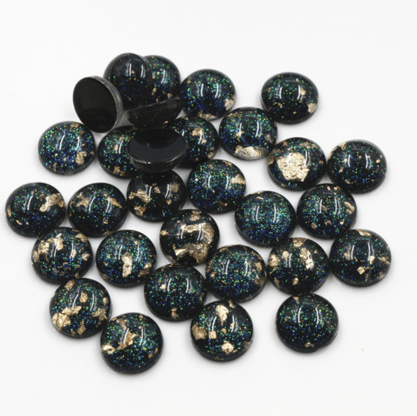 Sundaylace Creations & Bling Resin Gems Black with Green glitter/Gold Foil 12mm Black/Dark Green Sparkle and Gold/Silver Built-in Foil, Dome, Glue-on, Resin Gem