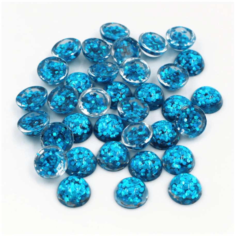 Sundaylace Creations & Bling Resin Gems 12mm Capri Blue Glitter in Clear Acrylic Gem, Glue on, Resin Gems