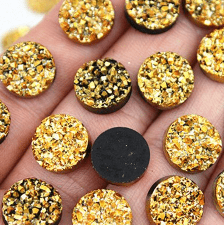 Sundaylace Creations & Bling Resin Gems 12mm GOLD Metallic AB Druzy, Glue-on, Resin Gem (Sold in Pair)