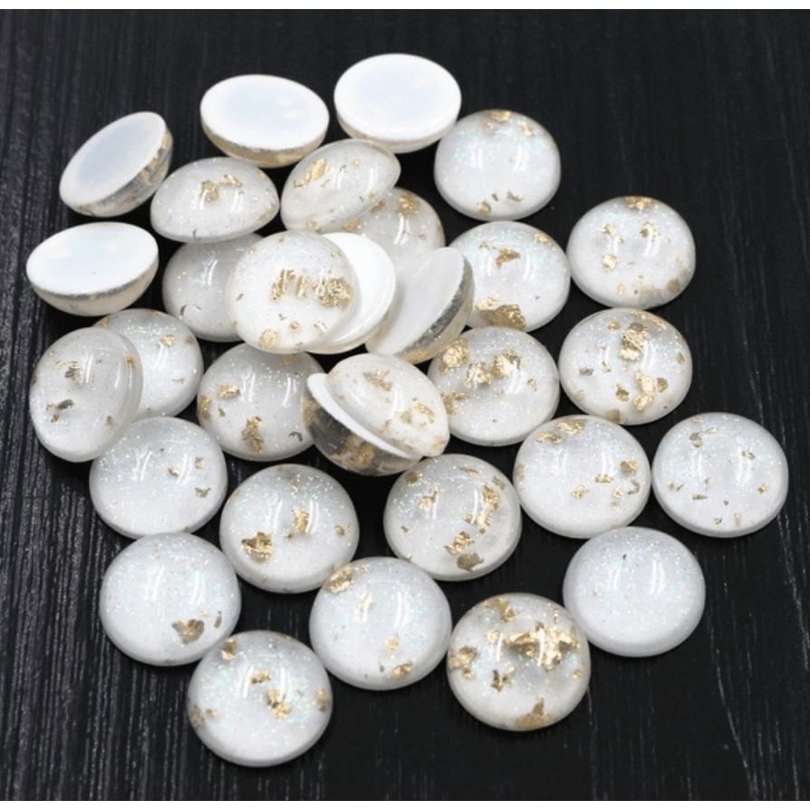 Sundaylace Creations & Bling Resin Gems 12mm or 10mm Snow White Glitter AB bottom with Gold Build in Foil, Glue on, Resin Gem