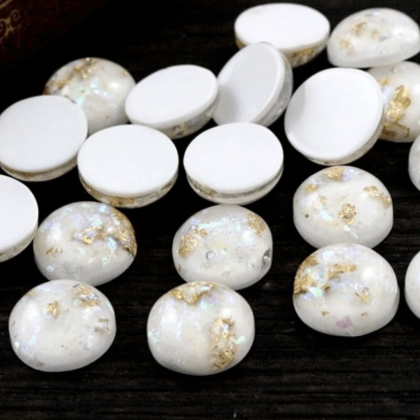 Sundaylace Creations & Bling Resin Gems 12mm or 10mm WHITE with Built-in AB/Gold Foil,  Round Dome, Glue-on, Resin Gem