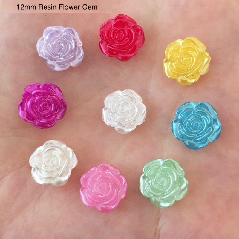 Sundaylace Creations & Bling Resin Gems White Rose 12mm Pearl Roses Floral, Flat Back, Glue On Resin Gem