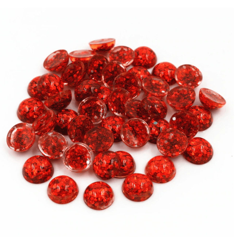 Sundaylace Creations & Bling Resin Gems 12mm Red Glitter in Clear Acrylic Gem, Glue on, Resin Gems