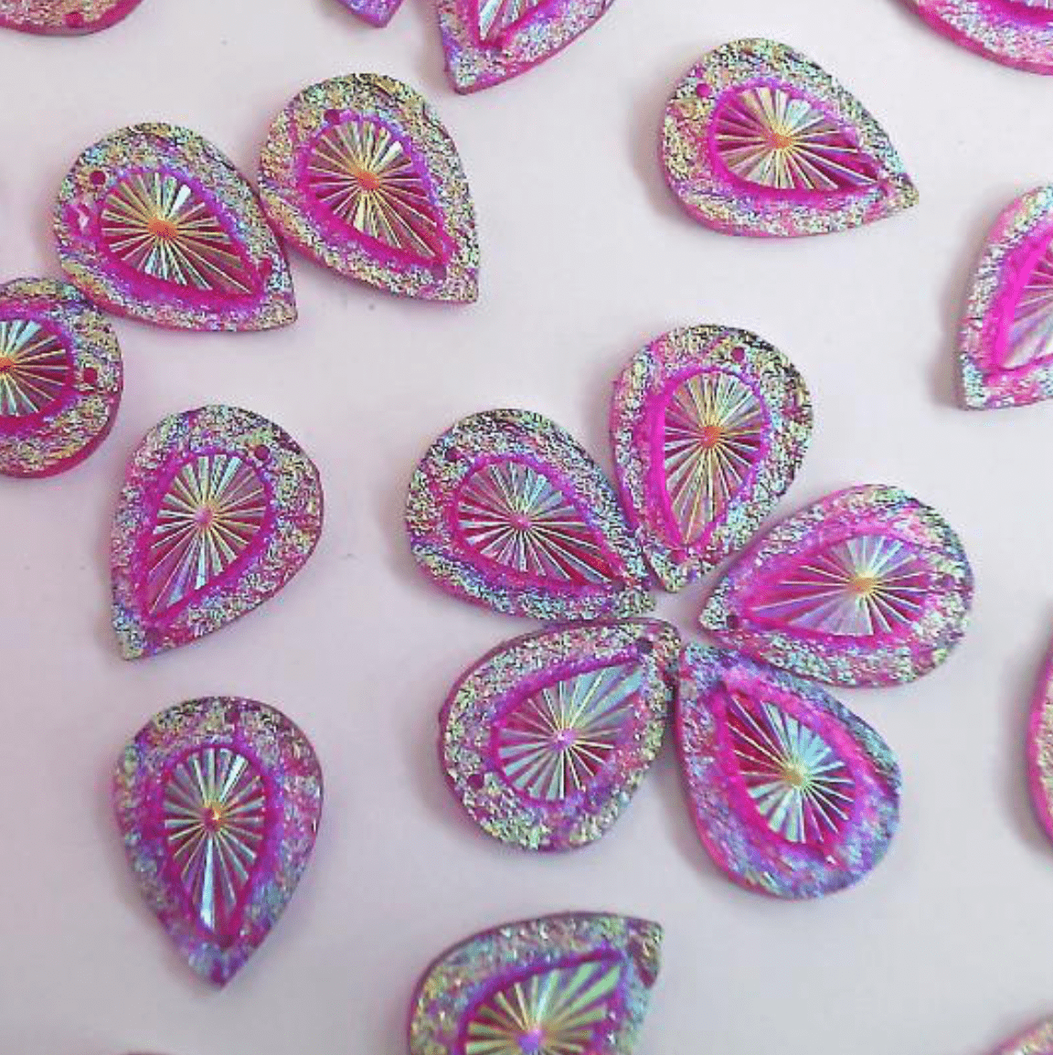 Sundaylace Creations & Bling Resin Gems 13*18mm Pink Burst AB Framed Teardrop, Sew on, Resin Gems (Sold in Pair)