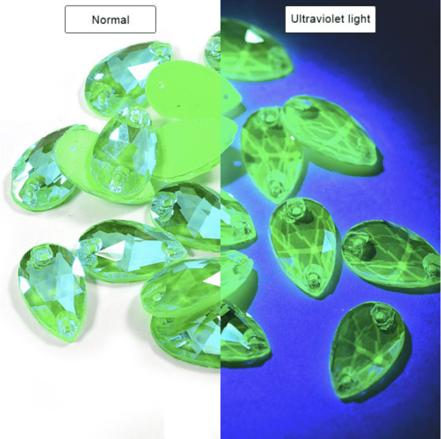 Sundaylace Creations & Bling Glass Gems Green NEON AB 13*22mm NEON AB Luster Teardrops,  *Blacklight sensitive/Glow* Sew on, Glass Gems