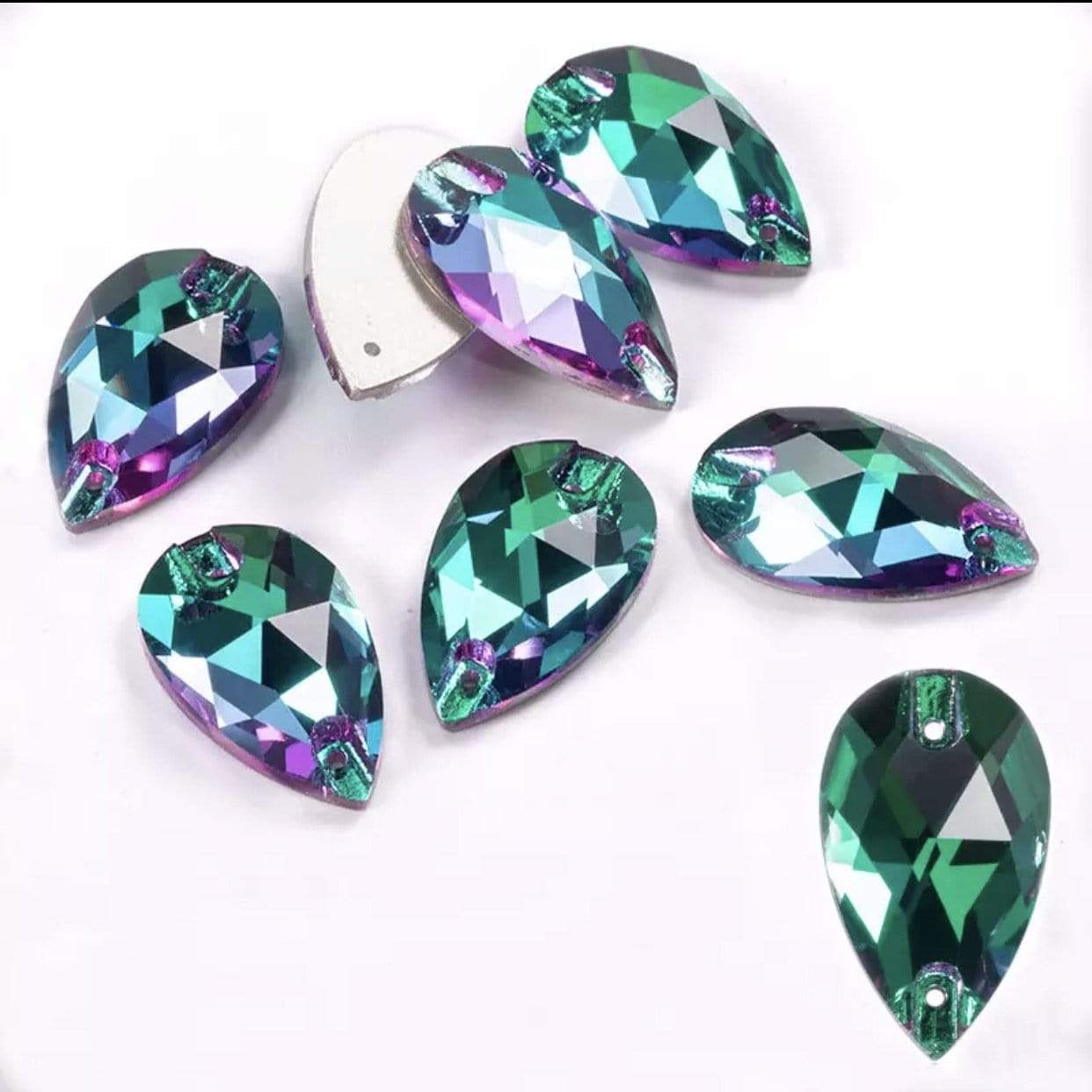 Sundaylace Creations & Bling Fancy Glass Gems 13*22mm Green Flame *hits of purple* Multi-reflective, Sew on Teardrops, Fancy Glass Gems