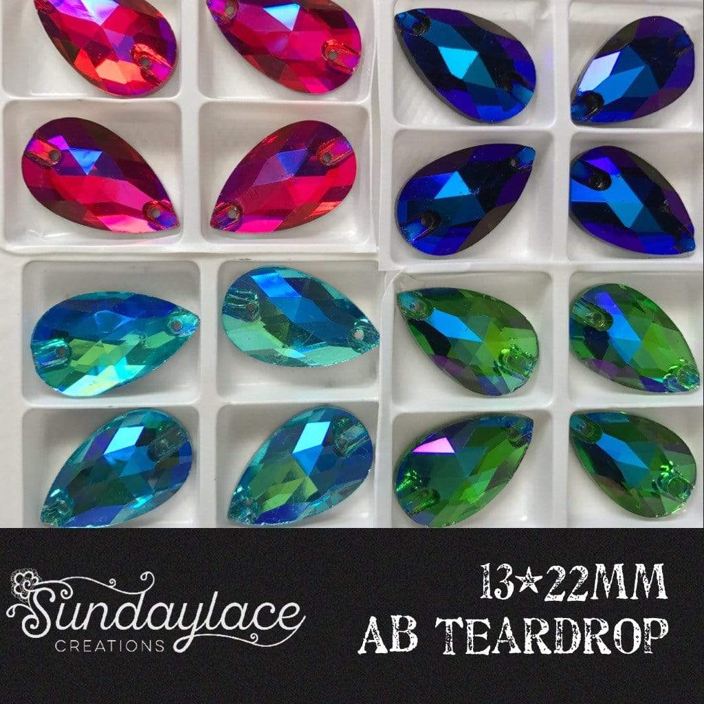 Sundaylace Creations & Bling Glass Gem 13*22mm Various Rainbow Coloured Stones in AB finish, Teardrop, Foil Back, Glass Gem