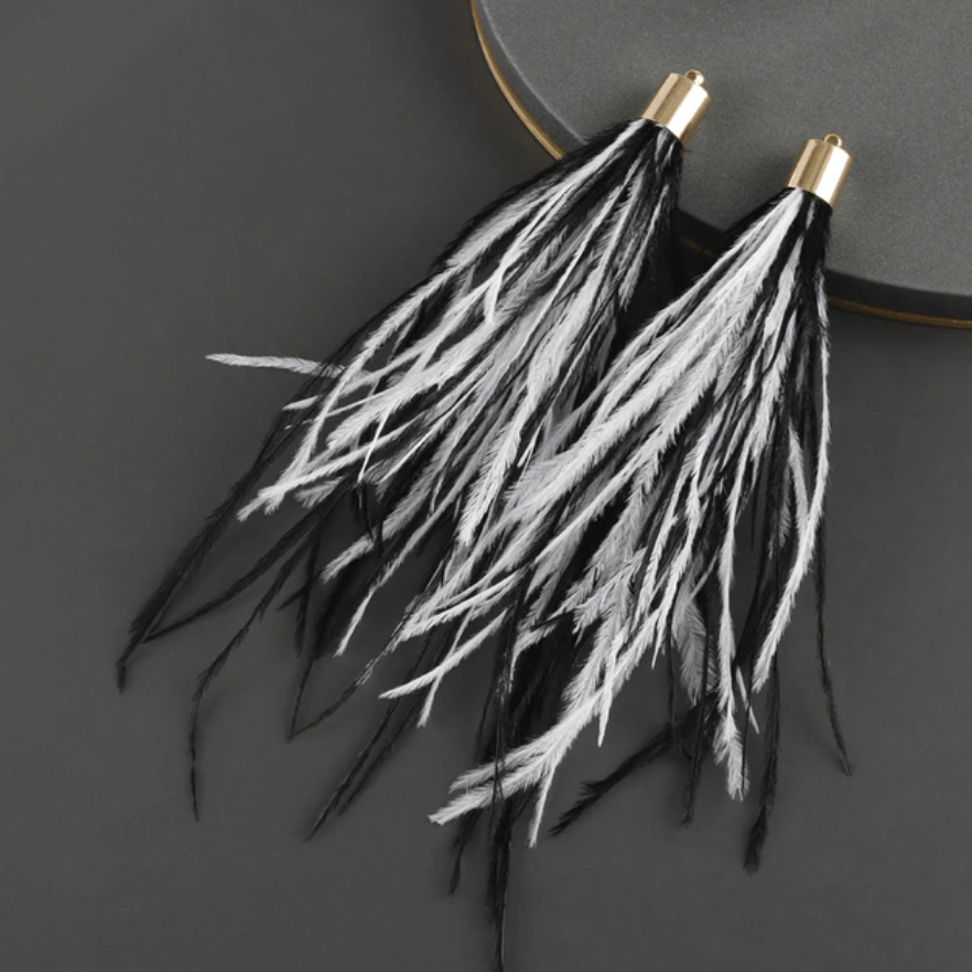Black & White Feather 130mm Thick Feather Tassel with Two-tone feathers with gold top, Earring Findings (Sold per pair) Earring Findings