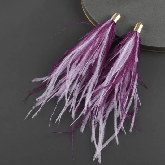 Purple & Light Violet Feather 130mm Thick Feather Tassel with Two-tone feathers with gold top, Earring Findings (Sold per pair) Earring Findings