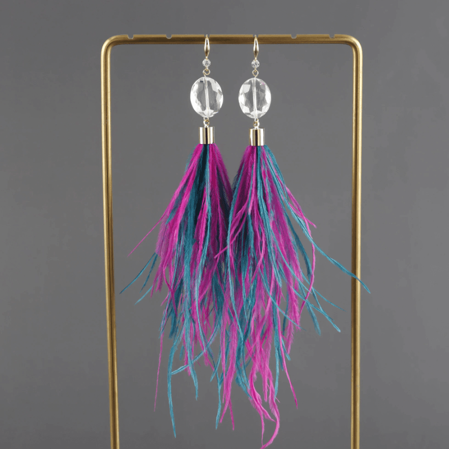 130mm Thick Feather Tassel with Two-tone feathers with gold top, Earring Findings (Sold per pair) Earring Findings