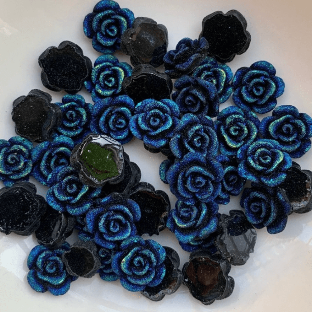 Sundaylace Creations & Bling Resin Gems Black-Blue Frosted 13mm Frosted AB Roses Floral, Flat Back, Glue On Resin Gem (Sold in Pair)
