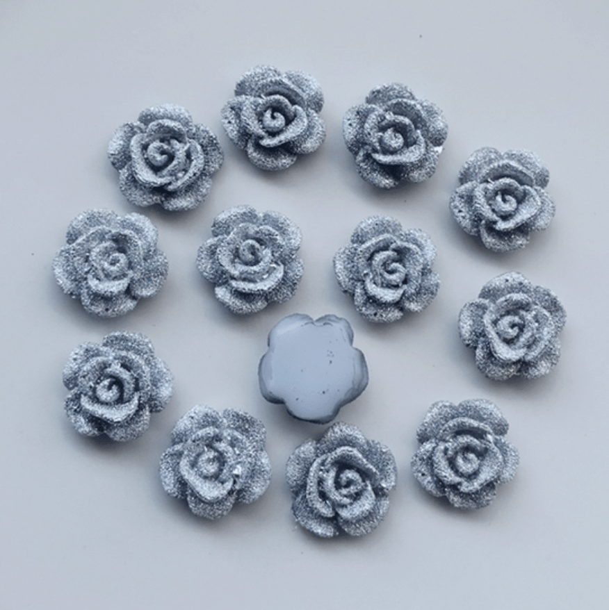 Sundaylace Creations & Bling Resin Gems Silver Frosted 13mm Frosted AB Roses Floral, Flat Back, Glue On Resin Gem (Sold in Pair)