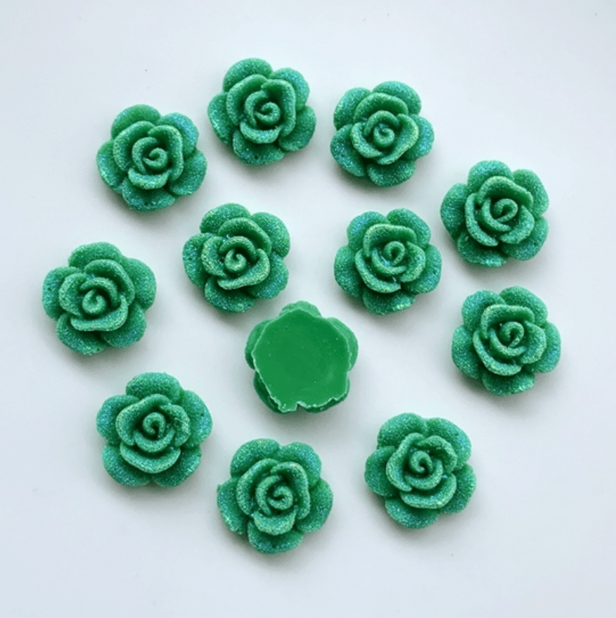 Sundaylace Creations & Bling Resin Gems Green Frosted 13mm Frosted AB Roses Floral, Flat Back, Glue On Resin Gem (Sold in Pair)