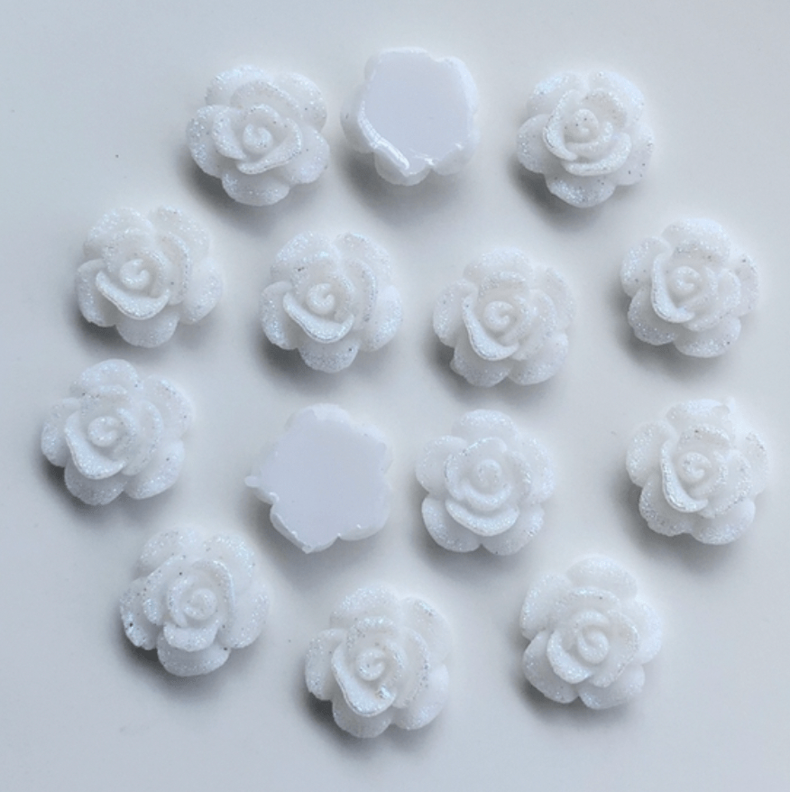 Sundaylace Creations & Bling Resin Gems White Frosted 13mm Frosted AB Roses Floral, Flat Back, Glue On Resin Gem (Sold in Pair)