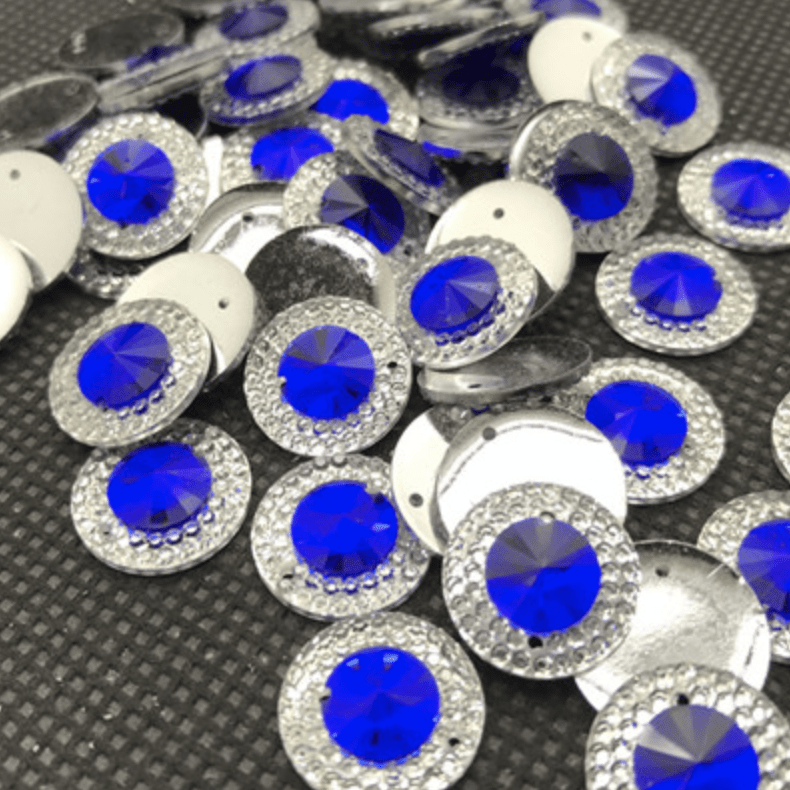 Sundaylace Creations & Bling Resin Gem Dark Blue 14mm Colourful Round in Silver Frame Rivoli, Sew on, Resin Gem