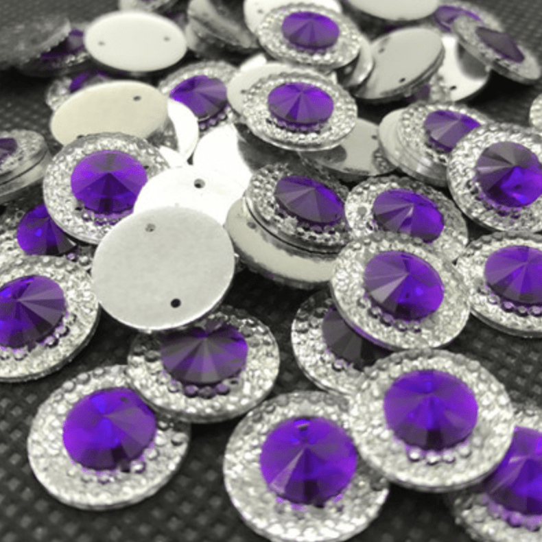 Sundaylace Creations & Bling Resin Gem Dark Purple 14mm Colourful Round in Silver Frame Rivoli, Sew on, Resin Gem
