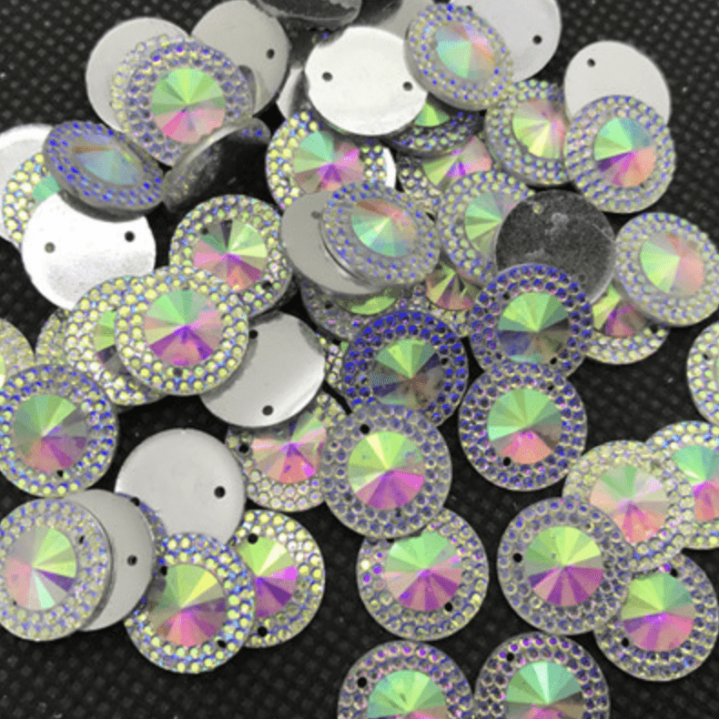 Sundaylace Creations & Bling Resin Gem AB Round 14mm Colourful Round in Silver Frame Rivoli, Sew on, Resin Gem