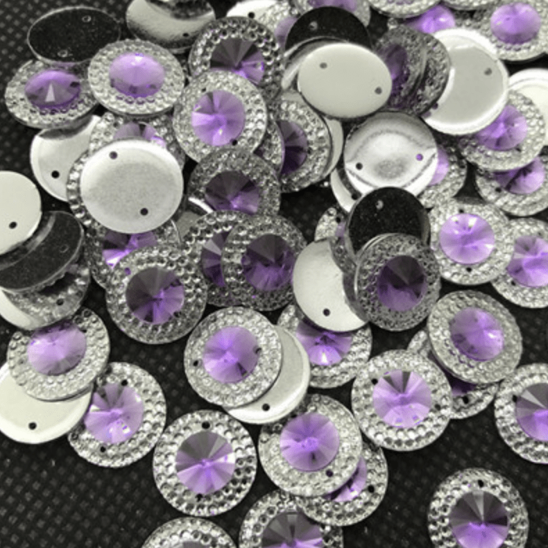 Sundaylace Creations & Bling Resin Gem Light Purple 14mm Colourful Round in Silver Frame Rivoli, Sew on, Resin Gem