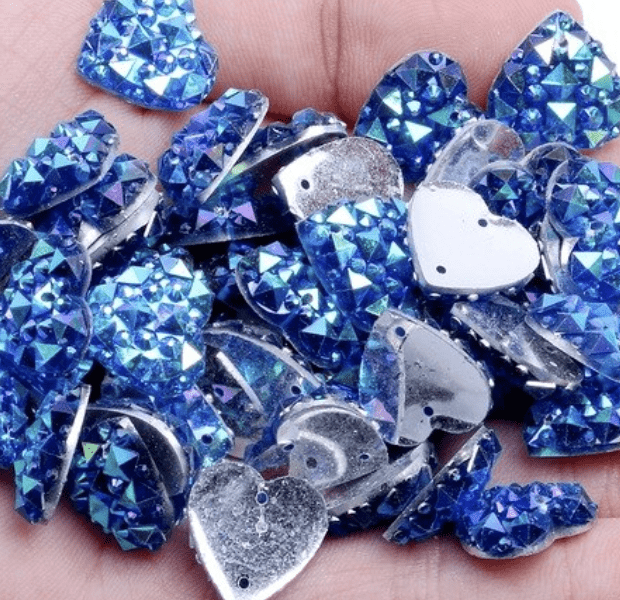 Sundaylace Creations & Bling Resin Gems AB Blue Heart 14mm Crinkle Druzy Heart AB, Sew on, Resin Gems