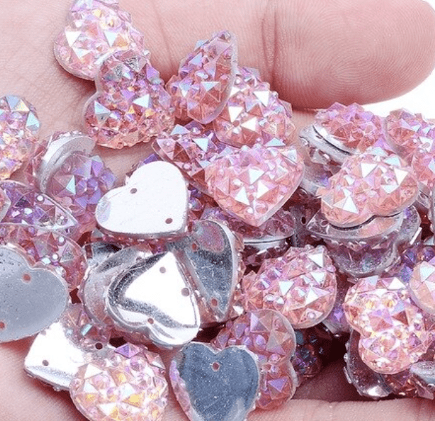 Sundaylace Creations & Bling Resin Gems AB Pink Heart 14mm Crinkle Druzy Heart AB, Sew on, Resin Gems