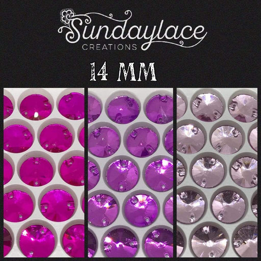 Sundaylace Creations & Bling Glass Gem 14mm Rose Pink, Dark Purple and Light Purple Rivoli Glass Gem, Sew on