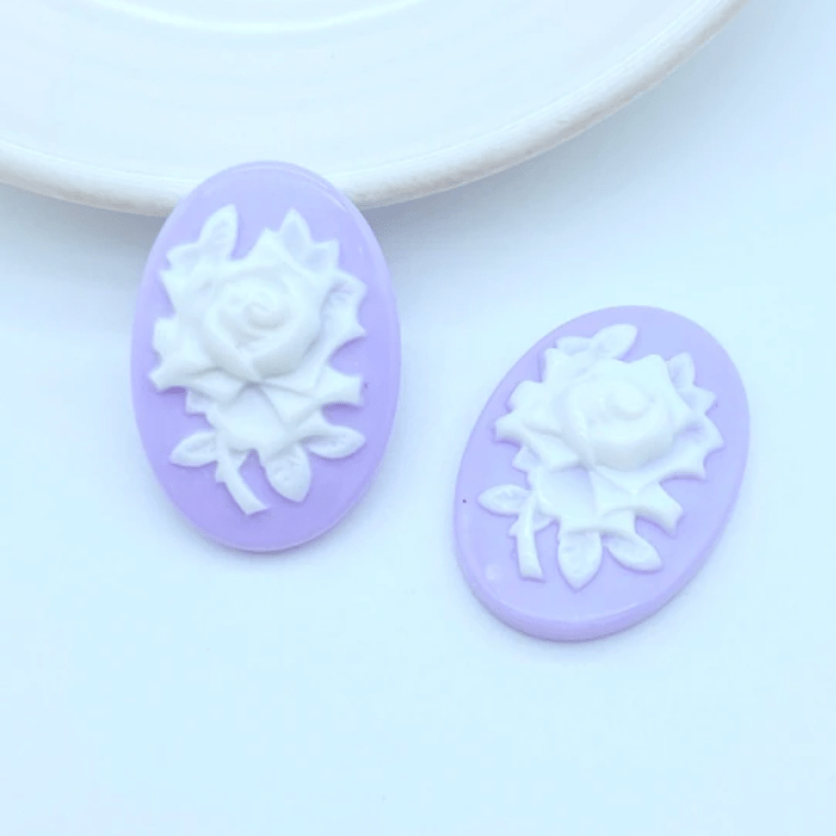 Sundaylace Creations & Bling Resin Gems Light Purple- White Rose Oval 15*27mm Roses in Oval Cameo Gentle Pastel floral, Glue on, Resin Gems