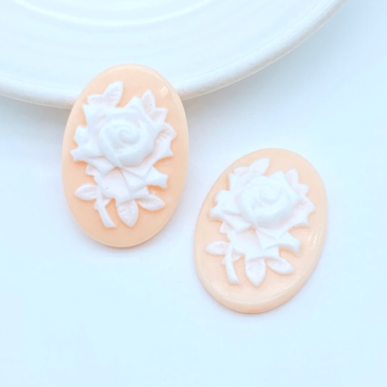 Sundaylace Creations & Bling Resin Gems Peach Pink- White Rose Oval 15*27mm Roses in Oval Cameo Gentle Pastel floral, Glue on, Resin Gems