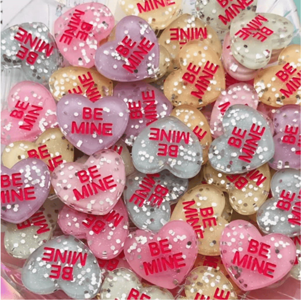 16*19mm "Be Mine" or "Hug Me" Glitter Candy Hearts, Glue on, Resin Gems (Sold in Pair) Resin Gems