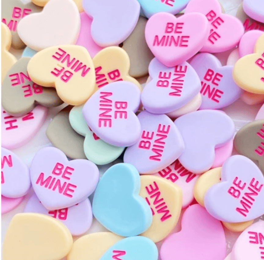 16*19mm "Be Mine" Rainbow Matte Hearts, Glue on, Resin Gems (Sold in Pair) Resin Gems