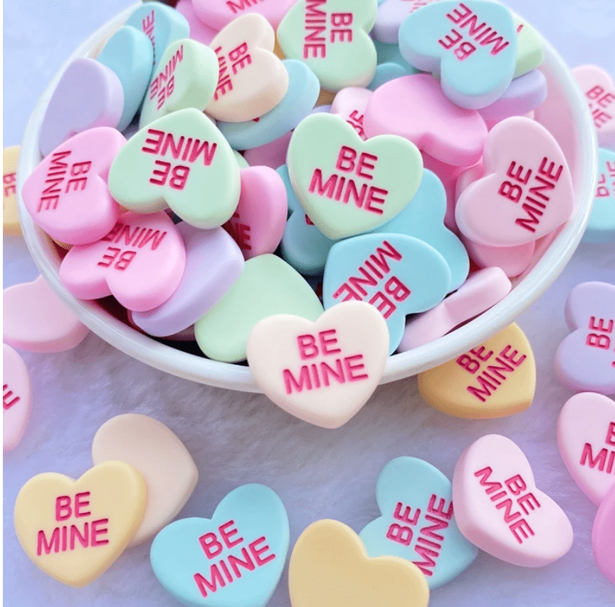 16*19mm "Be Mine" Rainbow Matte Hearts, Glue on, Resin Gems (Sold in Pair) Resin Gems