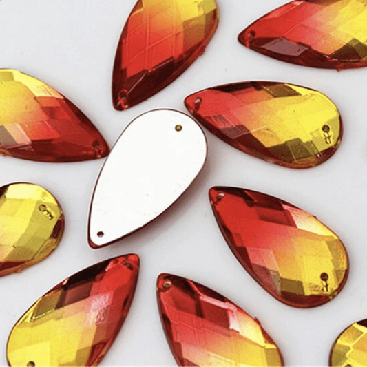 16*20mm, Red To Yellow Ombre, Ombre Long Teardrop, Sew on, Resin Gem, (Sold in Pair)