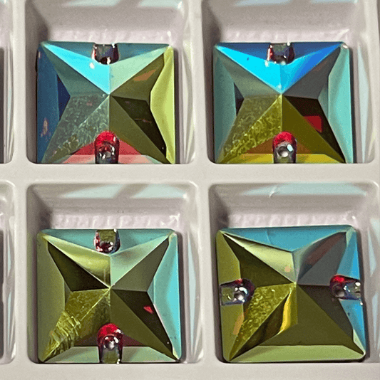 16mm Red AB Square, Sew on, Fancy Glass Gem (Sold in Pair) Glass Gems