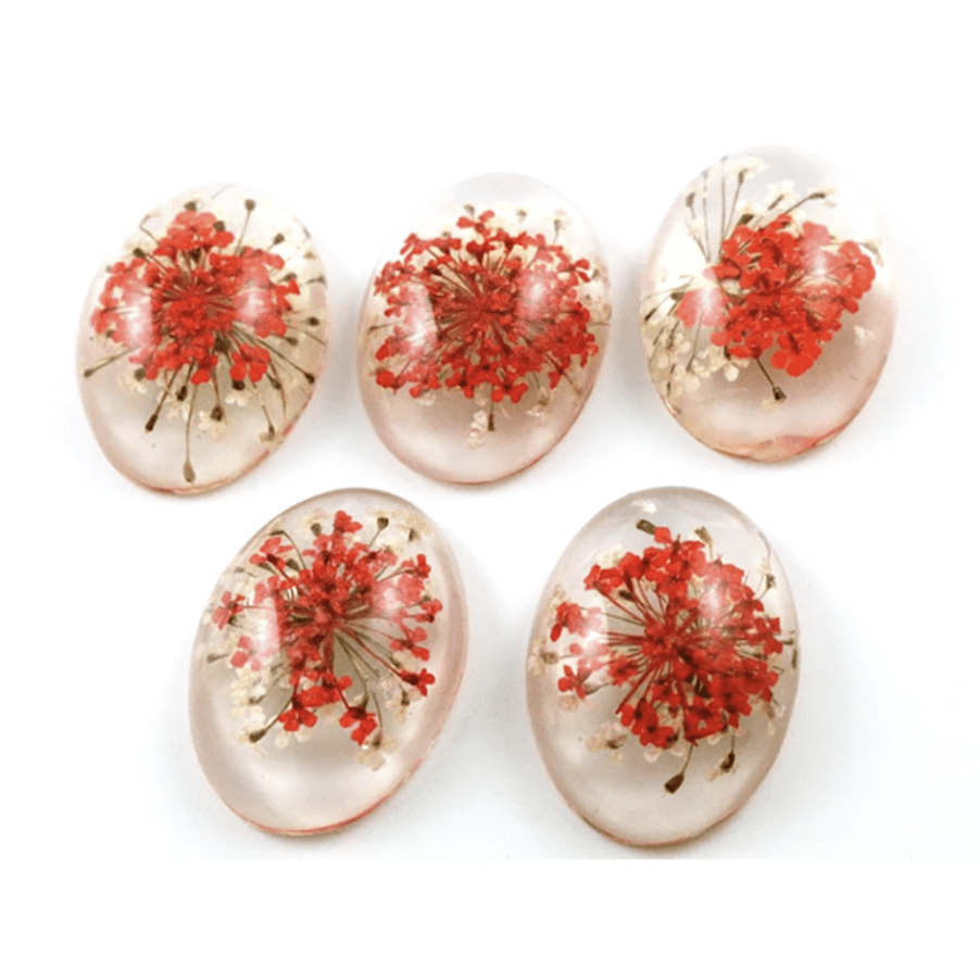Sundaylace Creations & Bling Resin Gems Red & White Flowers 18*25mm A Dried White Chrysanthemum Flower in Clear Resin OVAL, with coloured flowers Glue on, Resin Gem