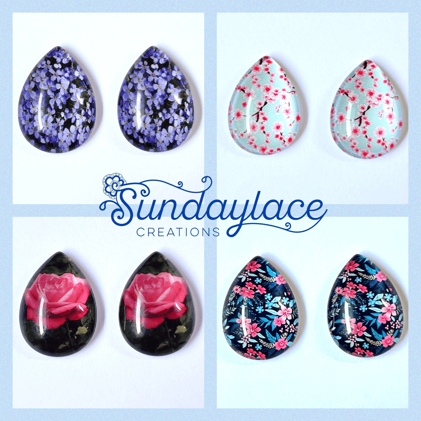 18*25mm Black with Ivory & Pink Roses Floral Teardrops, Acrylic Printed Resin Gems (Sold in Pair) Resin Gems