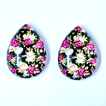 18*25mm Black with Ivory & Pink Roses Floral Teardrops, Acrylic Printed Resin Gems (Sold in Pair) Resin Gems