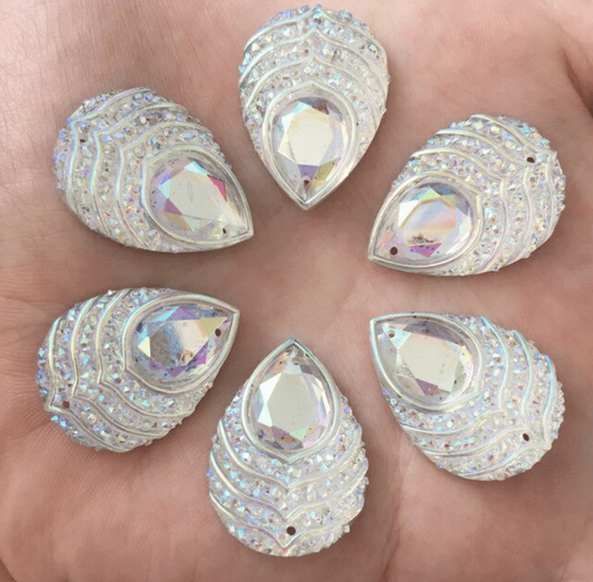 18*25mm, White Peacock Teardrop, Peacock Mixed AB Teardrop, Sew on, Resin Gem, (Sold in Pair)
